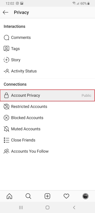 بخش Privacy و Privacy Account اینستاگرام