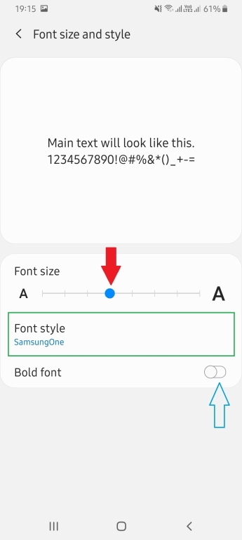 بخش Font size and style اندروید